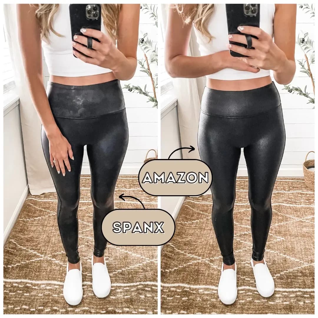 Photo from Chloe's Spanx and Amazon faux leather leggings comparison